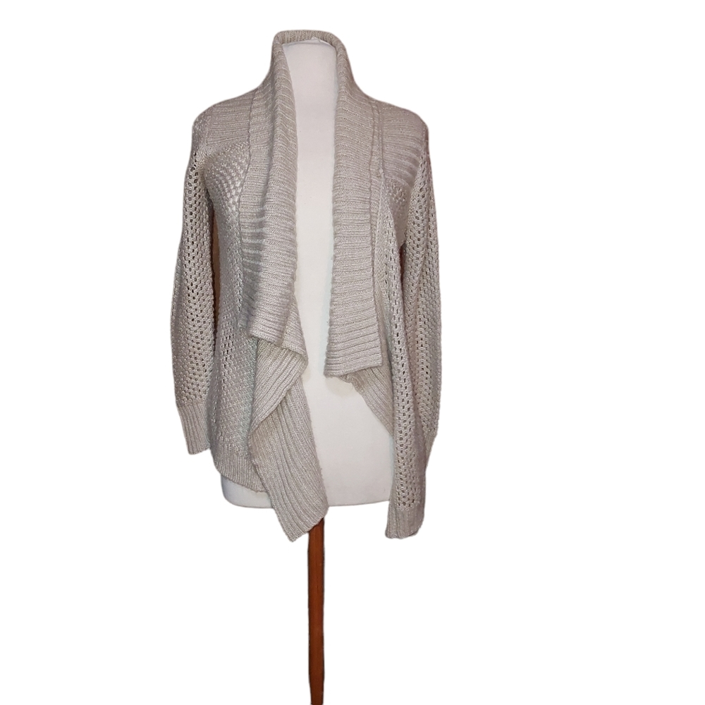 Loft Open Front M Cardigan Sweater Beige Tan Chunky Coallared. Dimension…